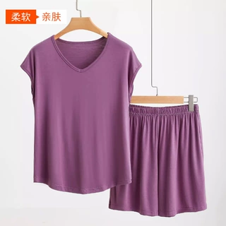 女士莫代尔睡衣夏季薄款v领无袖背心大码凉感宽松学生家居服套装