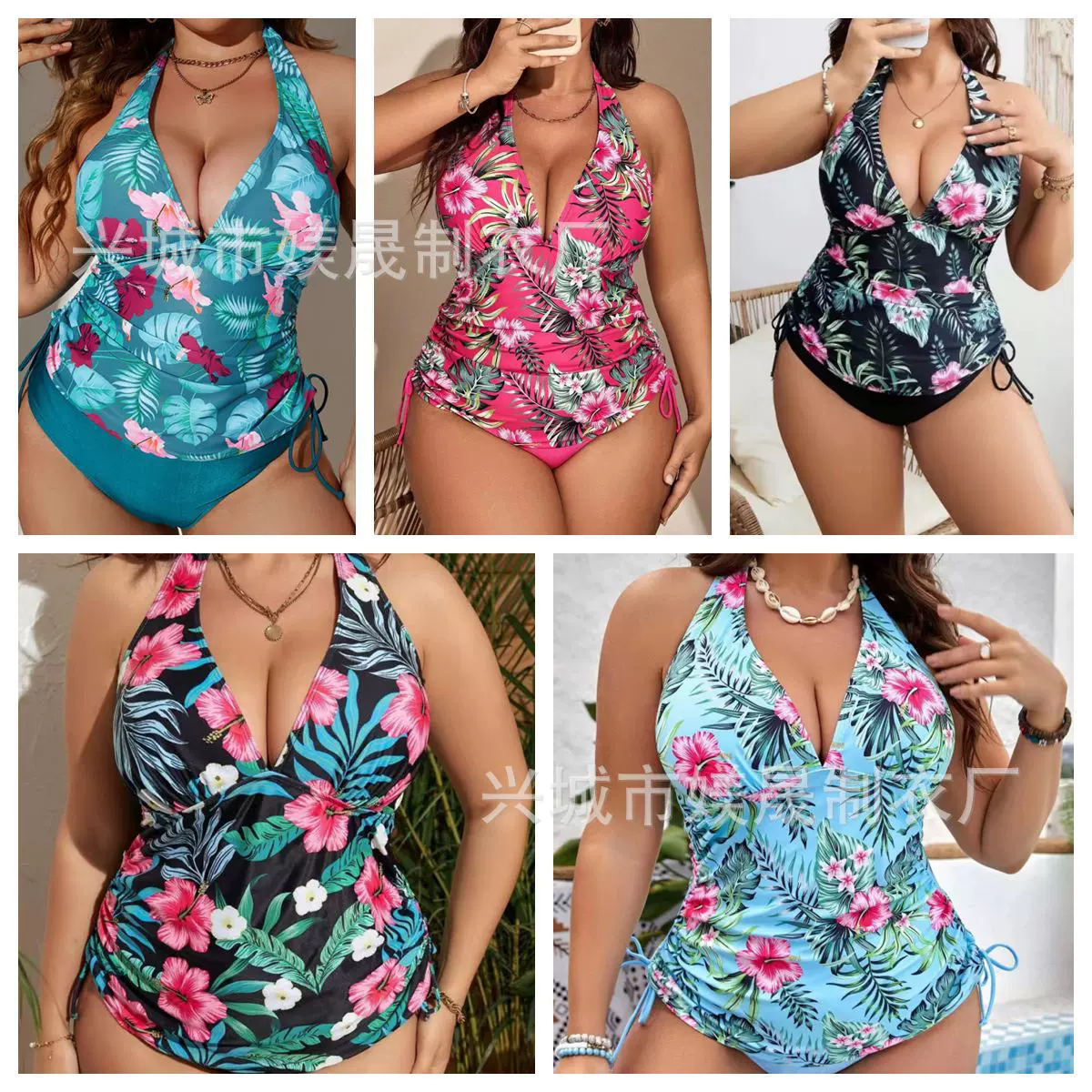 欧美新款外贸跨境大码分体紧身系带高腰露背性感比基尼泳衣套装女