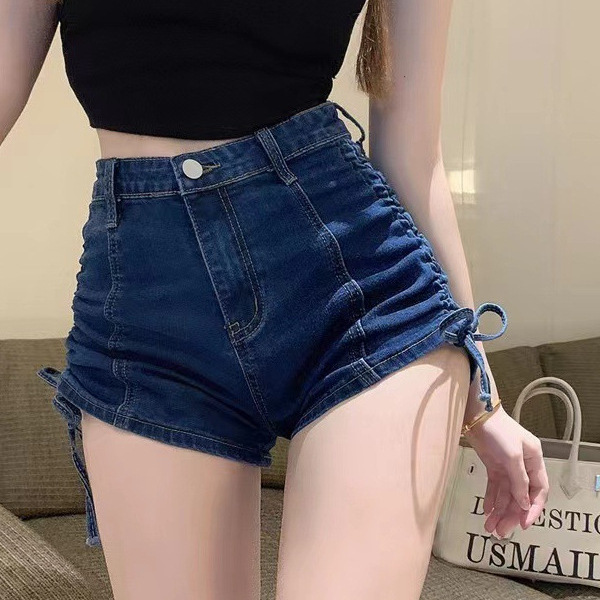High Waist Slimming Drawstring Pure Sense Jeans Shorts Women's Summer New Long Legs Tight Hip Denim Hot Pants