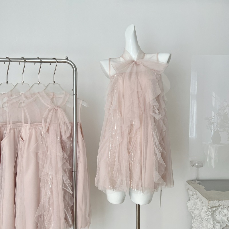 Temple Mai 2025 Pink Mist Fragrance Bow Tie Irregular Sleeveless Suspender Dress Pure Desire Mesh Skirt