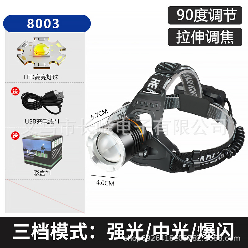 Faro P50 al aire libre transfronterizo de larga resistencia de aleación de aluminio enfoque telescópico de carga USB lámpara de pesca montada en la cabeza lámpara de minero