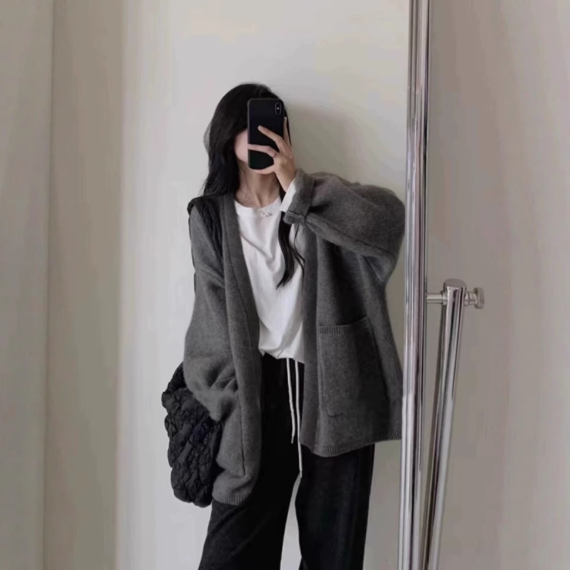 【全羊毛大开衫】重慵懒松弛感 横贴全羊毛针织开衫|undefined
