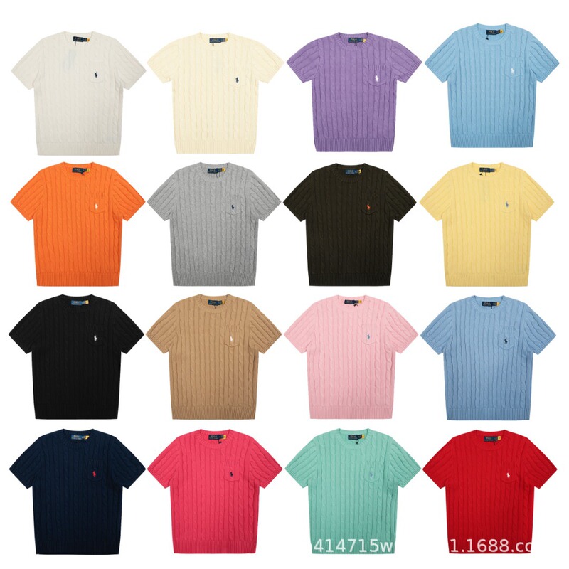 Rl Ralph Lauren New Style Pocket Embroidered Logo Short-Sleeve Knit Sweater with Small Cable Knit, Simple Round Neck T-Shirt Top for Women Rl Ralph Lauren New Style Pocket Embroidered Logo Short-Sleeve Knit Sweater with Small Cable Knit, Simple Round Neck T-Shirt Top for Women