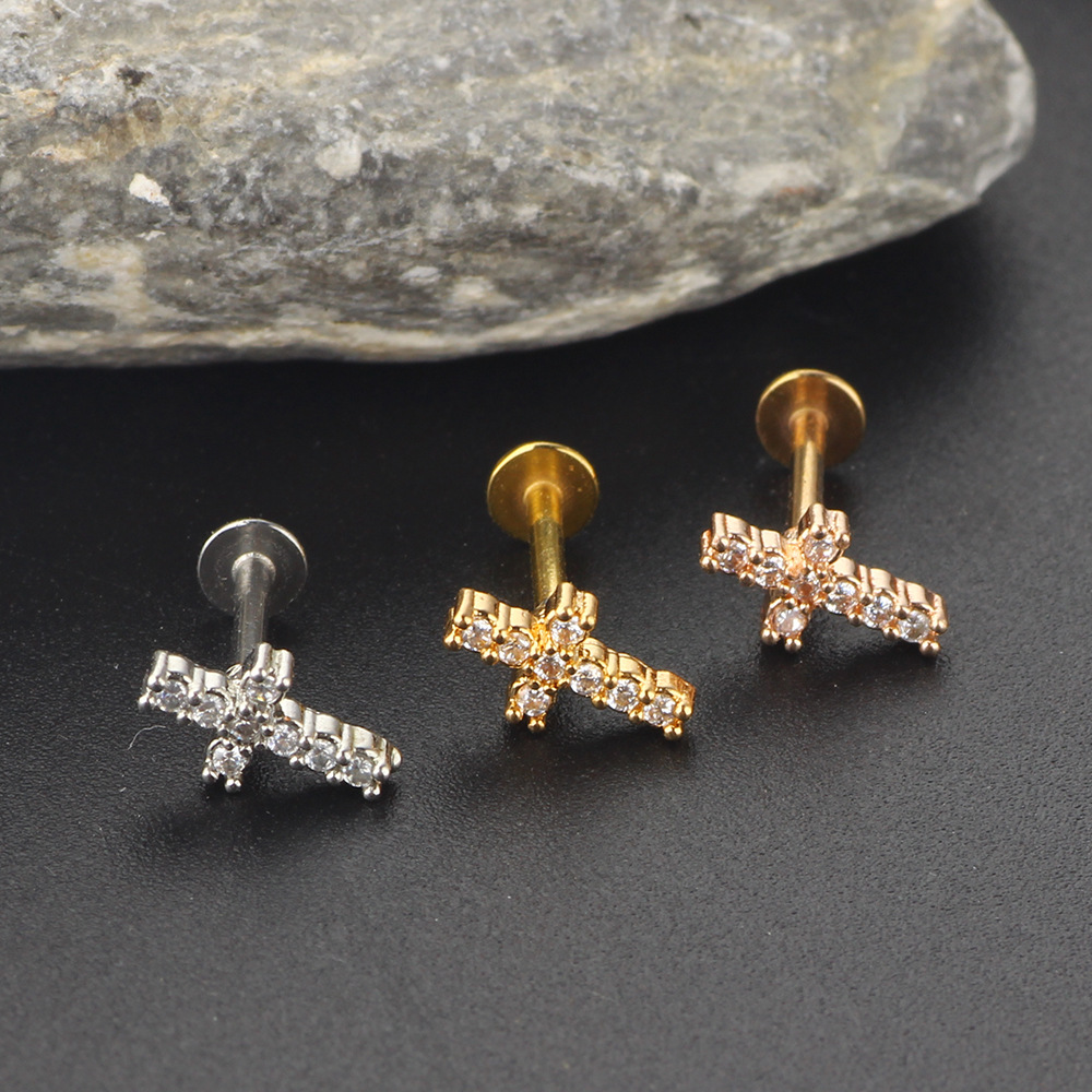 Simple Style Cross Stainless Steel Zircon Ear Studs 1 Piece