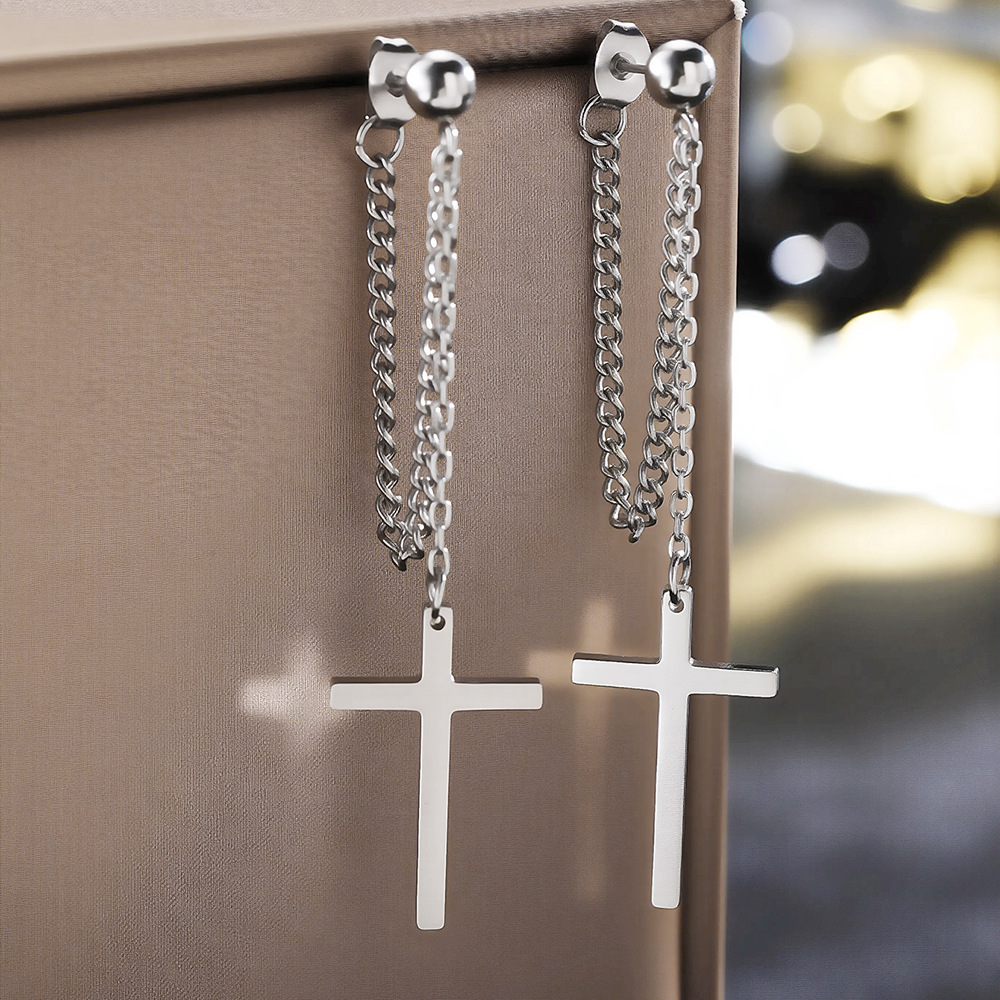 Stainless Steel Retro Hong Kong Style Design Back-Hanging Earrings for Women Niche Internet Celebrity Chain Cross Pendant Earrings
