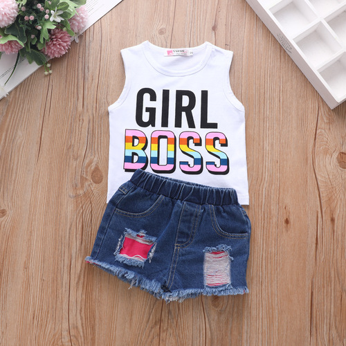 Girls' Suit European and American Style New Arrivals Vest Letter Printed Top Denim Ripped Shorts Two-piece Set Drop Shipping