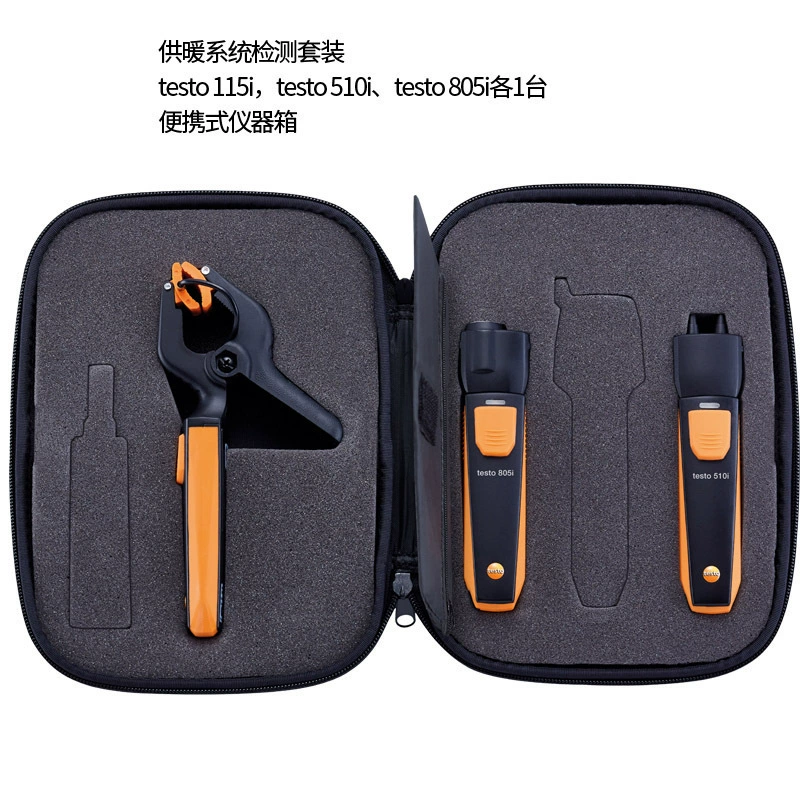 Набор инструментов для тестирования системы отопления Testo включает инфракрасный термометр, беспроводной температурный зажим и измеритель перепада давления.