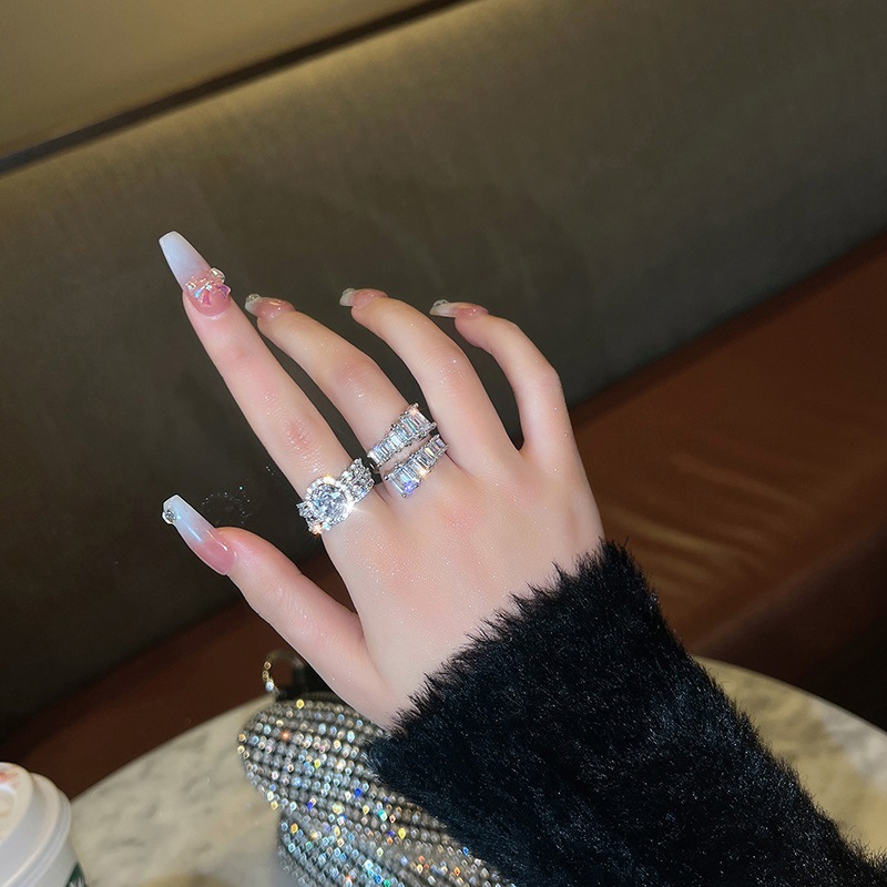 Zircon oval double row open ring Korean fashion alloy diamond ring female