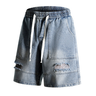 2025 Summer New Cargo Shorts Denim Washed Large Pocket Knee-Length Loose Casual Sports Pants for Men