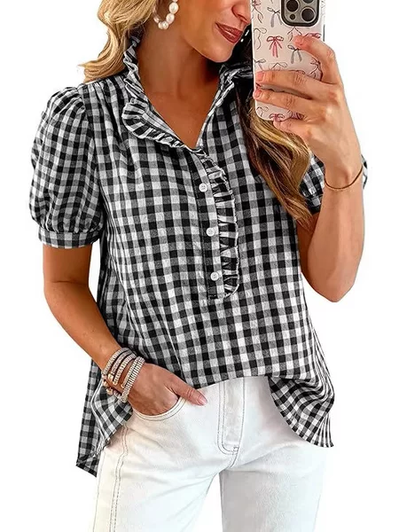 Amazon 2026 Summer Tops Striped Plaid Ruffled Puff Short Sleeve V-Neck Buttoned Women's Casual Shirt