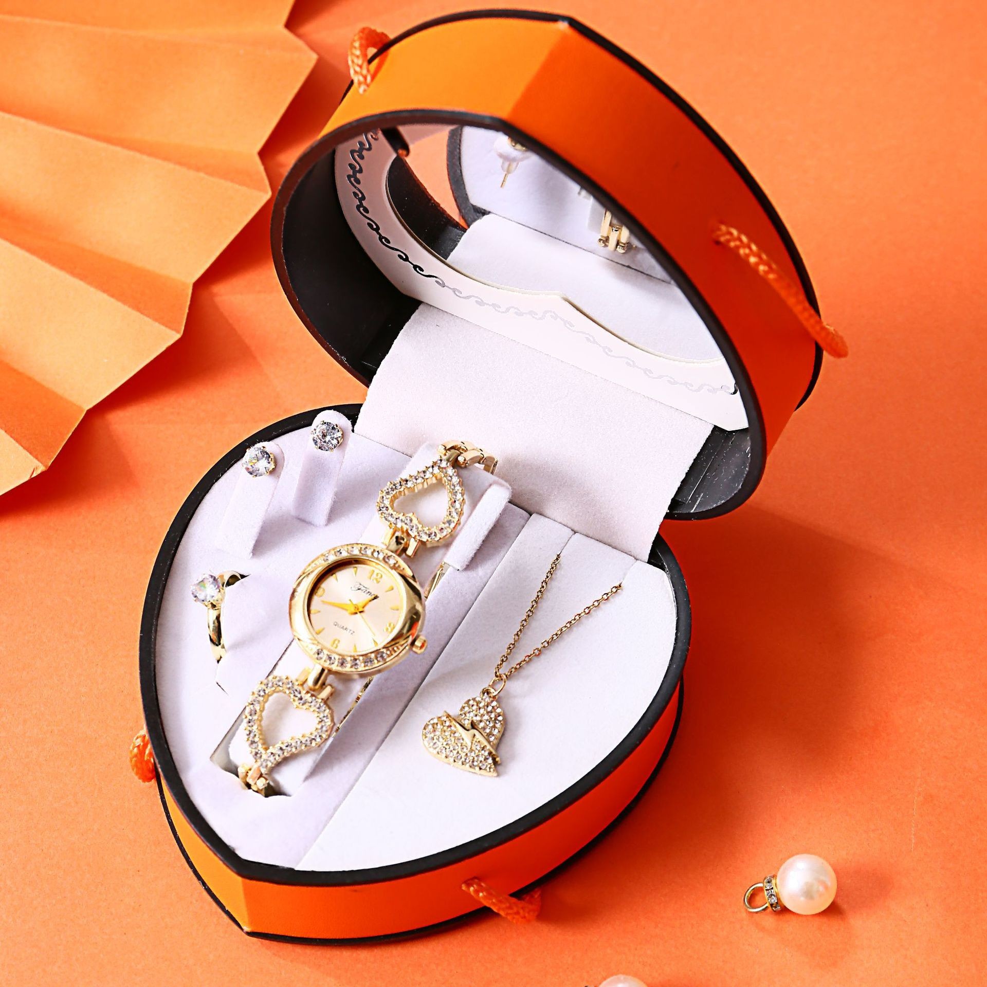 Cross-Border Full Diamond Watch Necklace Set Heart Stainless Steel Valentine's Day Mother's Day 520 Gift for Mom and Girlfriend