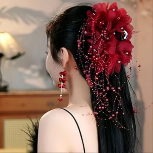 Red hairgrip with tassels, hair accessory for bride, Hanfu