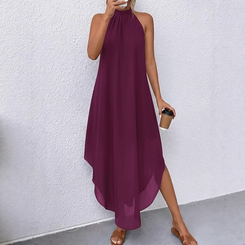 Amazon Cross-Border Wedding Guest Dress Off-Shoulder Flowing Solid Color Sleeveless Asymmetrical Bohemian Long Dress for Women