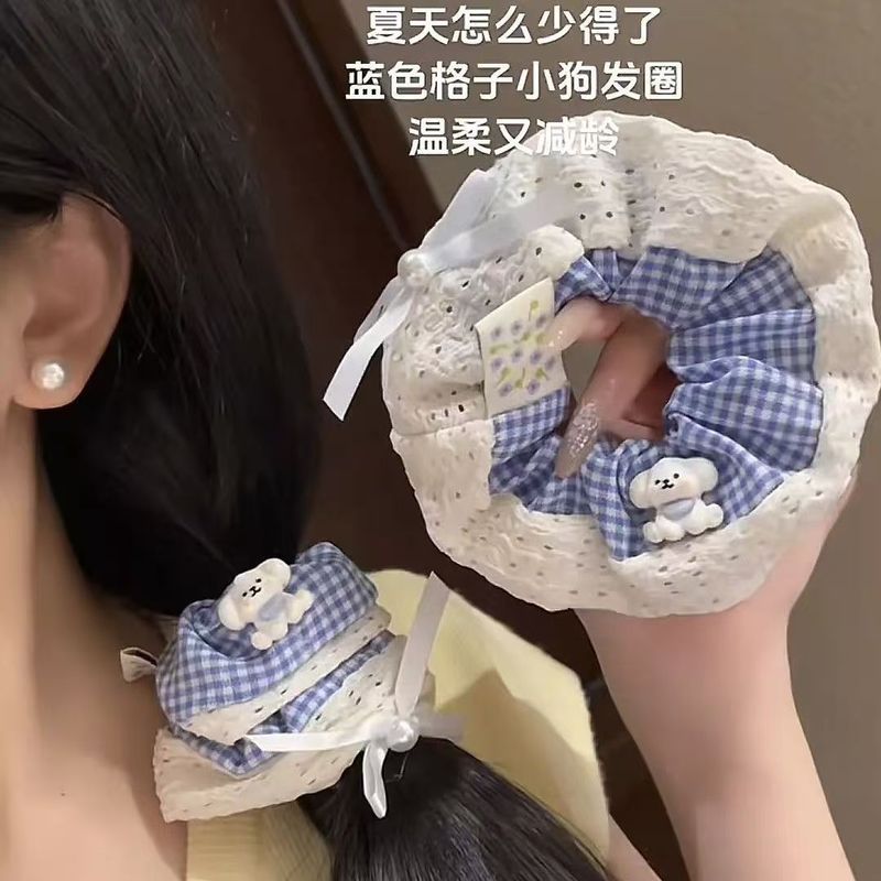韩系可爱小狗蓝格纹发圈蕾丝边蝴蝶结肠圈头绳2025夏季新款发绳女|undefined