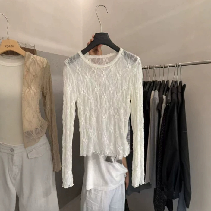 Korean-style fashionable and elegant jacquard thin long-sleeve lace shirt for women, new autumn round-neck slim-fit base shirt for women Korean-style fashionable and elegant jacquard thin long-sleeve lace shirt for women, new autumn round-neck slim-fit base shirt for women