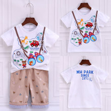 潮牌童装 夏季男童卡通望远镜小熊刺绣短袖t恤上衣一件代发