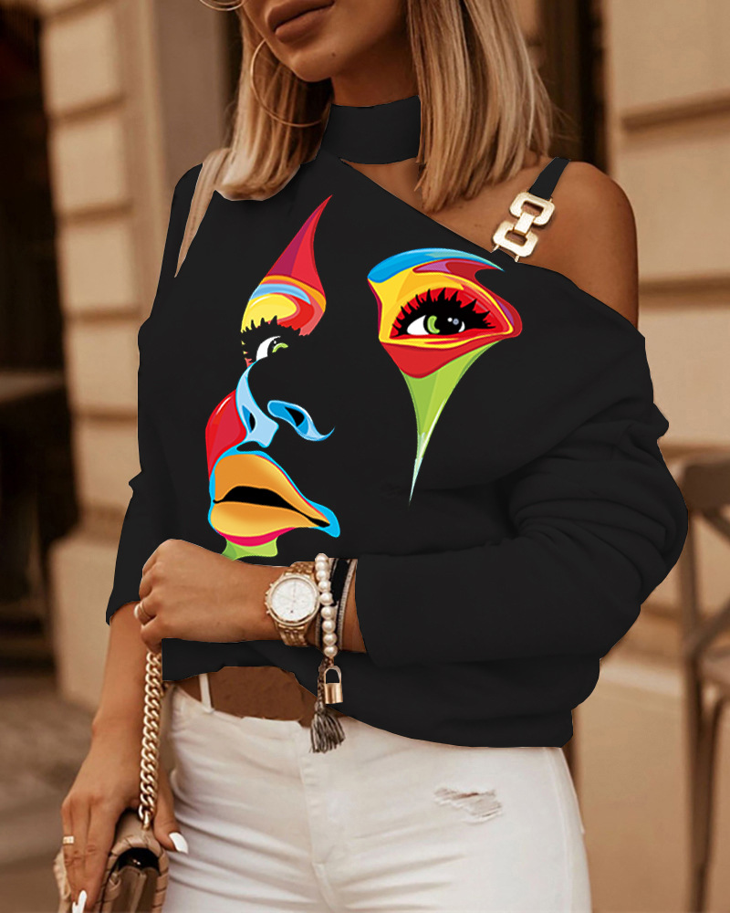 Women's Clothing Face Print Off Shoulder Top_voghion.com