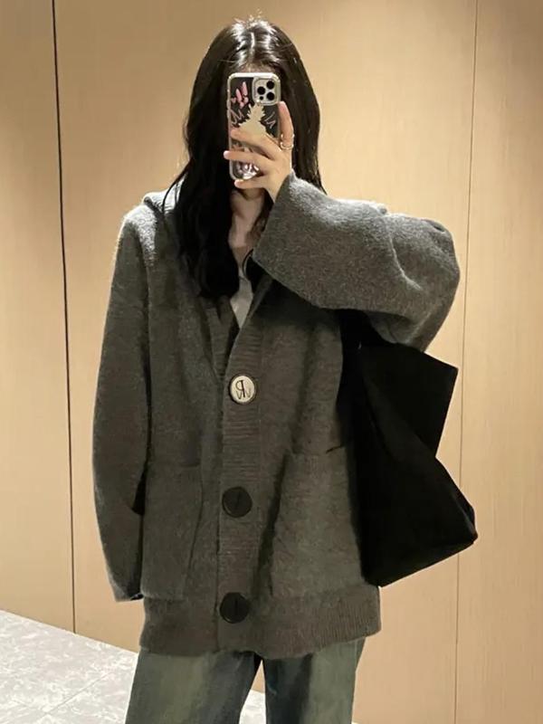 秋冬季慵懒风加厚连帽针织开衫女新款韩系宽松气质高级感毛衣外套|undefined