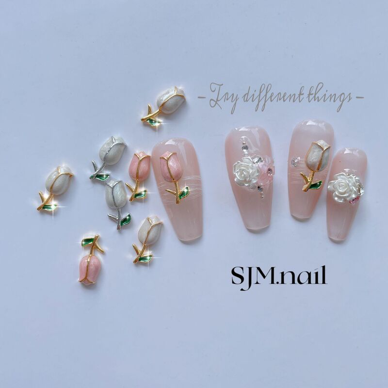 New Nail Art Tulip Flower Jewelry Pearlescent Oil Drop Pink True Gold Color-preserving Electroplated Nail DIY Decoration Accessories
