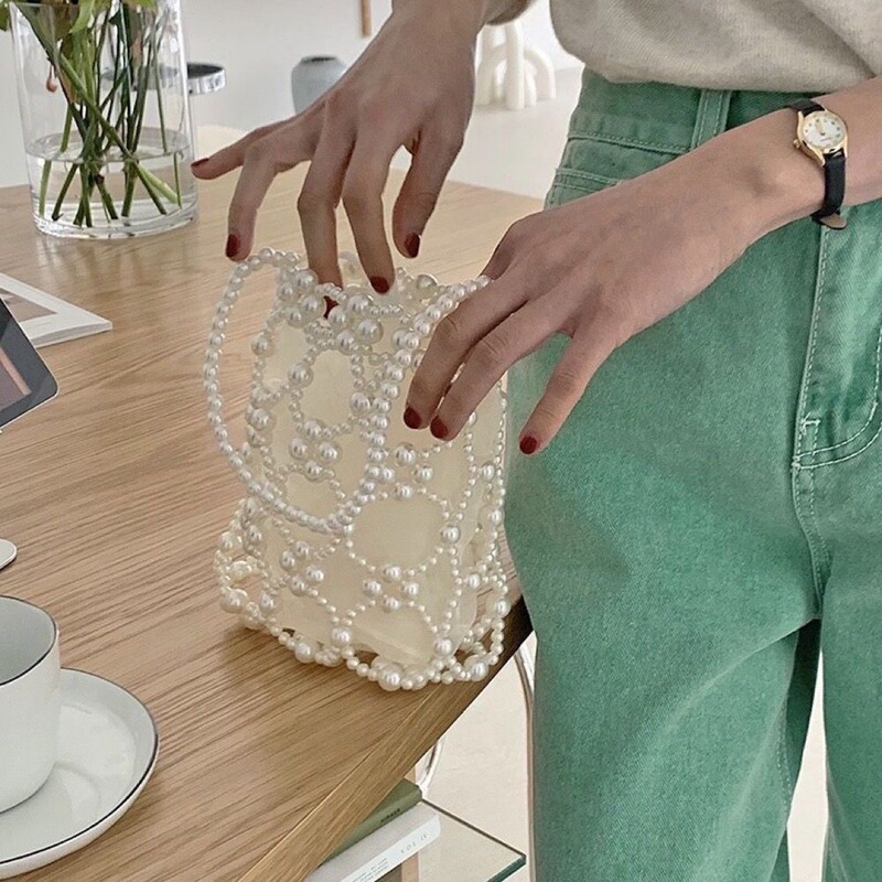 Niche handmade pearl beaded bag vintage bucket niche woven bag hollow bead bag