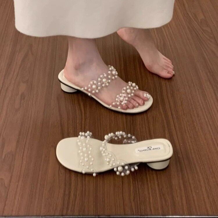 2026 Summer New Style Pearl Transparent One-Strap Open-Toe Slippers for Women with Skirts, French-Style Gentle Sandals for Women
