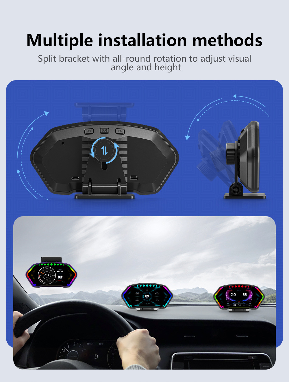 HUD car head-up display multi-functional vehicle-mounted LCD inclinometer high-definition speed fuel consumption OBD+GPS instrument