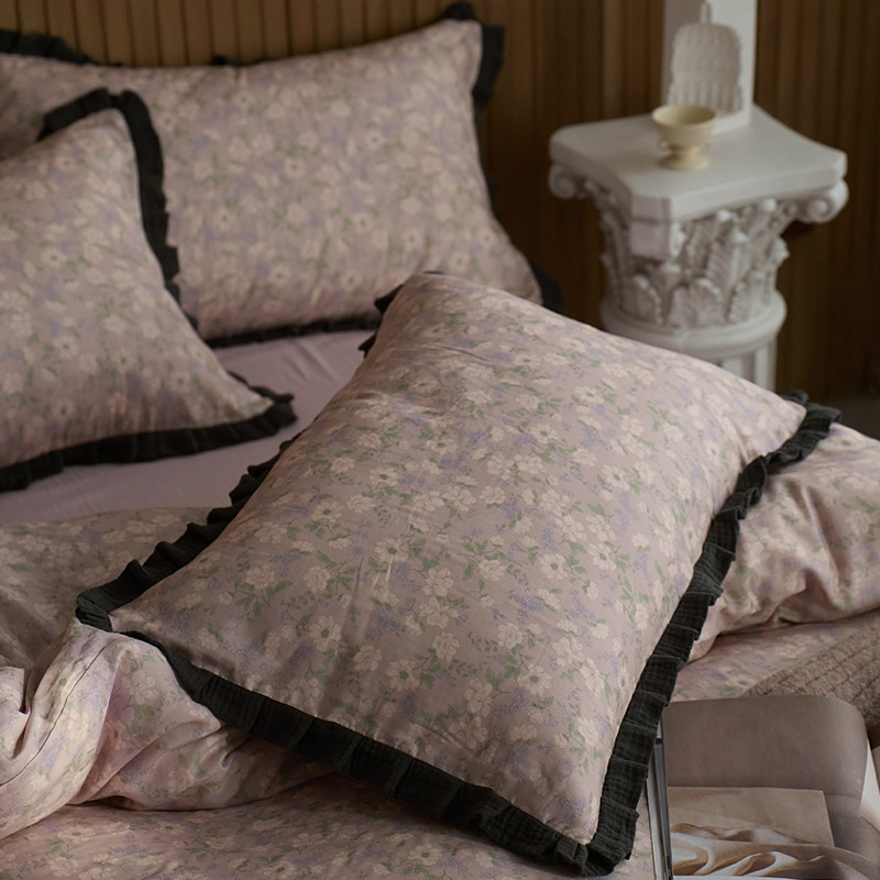 Conjunto de cama de quatro peças em algodão puro, estilo vintage boho francês nórdico, com capa de edredom de renda de gaze texturizada, em algodão de alta qualidade._voghion.com