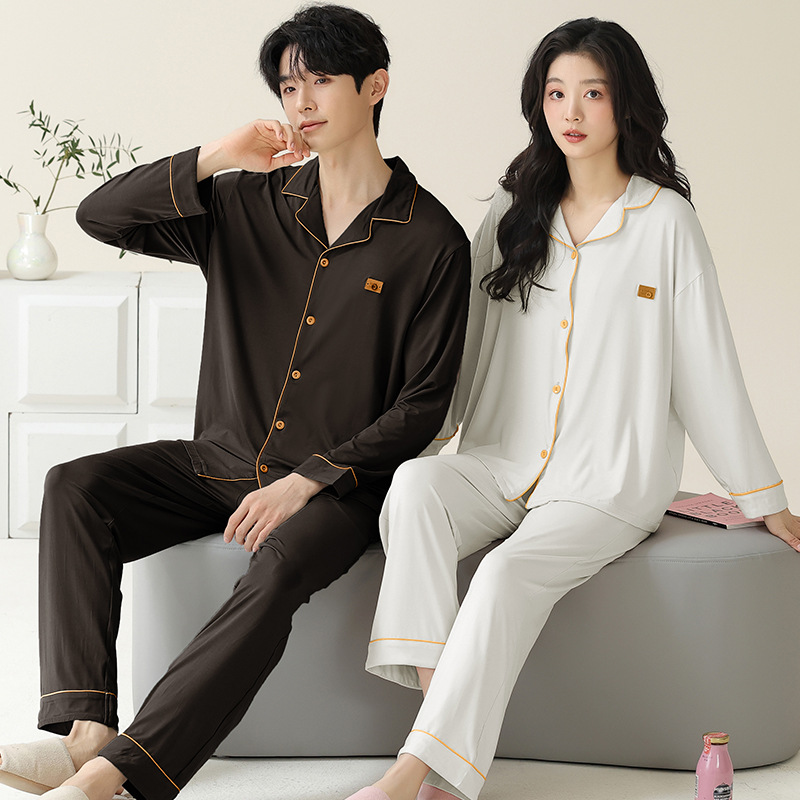 Pajama de pareja de primavera y otoño delgado moda pantalones de manga larga cardigan juvenil simple conjunto de ropa casera casual