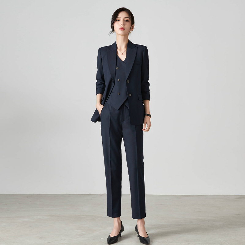 春秋冬高端藏青色通勤修身西装上衣外套正装西服马甲小脚裤套装女|undefined