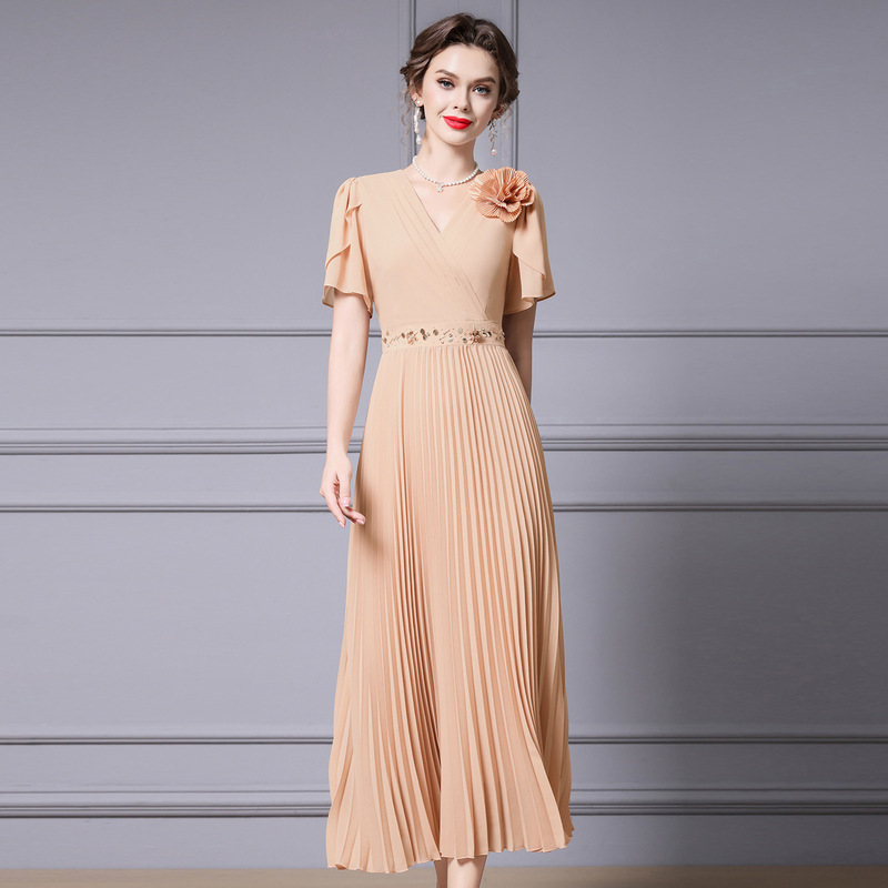 Zhili's Summer Dress for Women, 2026 New Model, with Rhinestone Flowers, Seaside Vacation Style, Long Pleated Skirt
