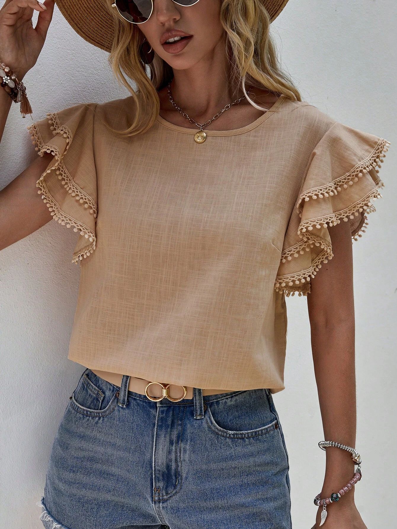 238g Weight Short Sleeve Sleeve Length Pullovers Placket Type Flounce Sleeve Sleeve Type Polyester Fabric Type Regular Top Length T-shirt Tops Type Holiday, Daily Occasion Round Neck Neckline Loose Fit Type Solid Color Pattern Summer Season Women's Gender Button Design Casual, Elegant Style Wholesale Women's Casual Elegant Solid Color Short Sleeve Button Blouses 11