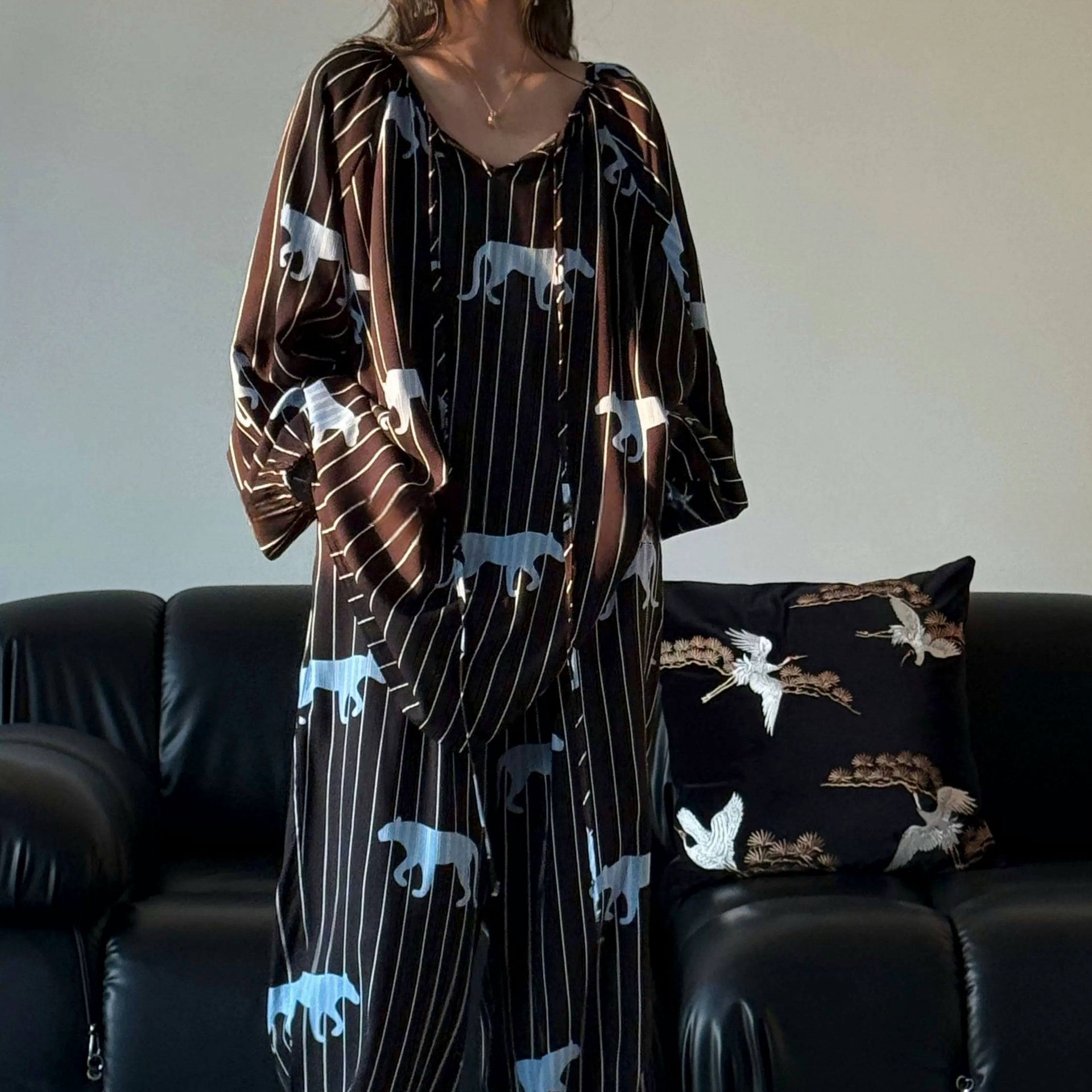 [Traje de casa de bolsillo] Pijamas de seda de algodón de primavera y verano, mangas de linterna de estilo nacional femenino, pantalones de manga larga de algodón, servicio a domicilio