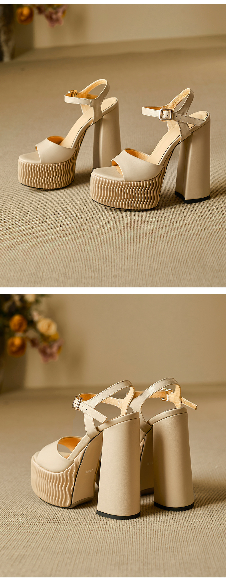 Sandal cao gót nữ quai ngang miệng cá đế xuồng 15 cm da thật — Màu đen chi tiết 11