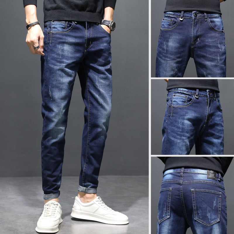 Four Seasons empuje principal TikTok pantalones vaqueros elásticos de los hombres populares jóvenes estilo coreano SLIM-Fit adelgazamiento gato barba caballo Pantalones