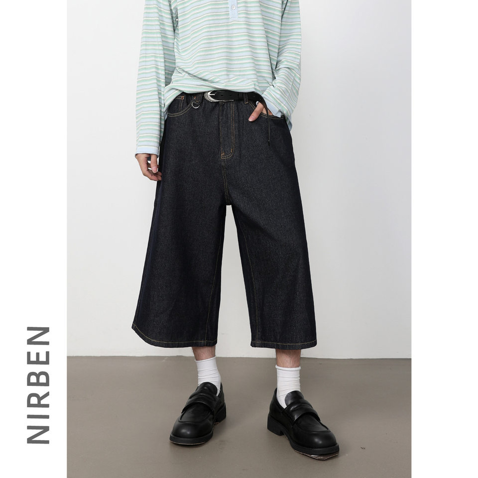 Quần short denim nam dáng rộng ống suông — Da bò thô màu đen, Xanh denim thô, Xanh đậm, Đen xám