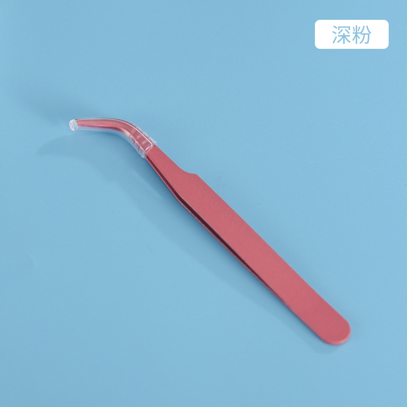 Pinzas para pestañas de acero inoxidable, punta curva, rosa