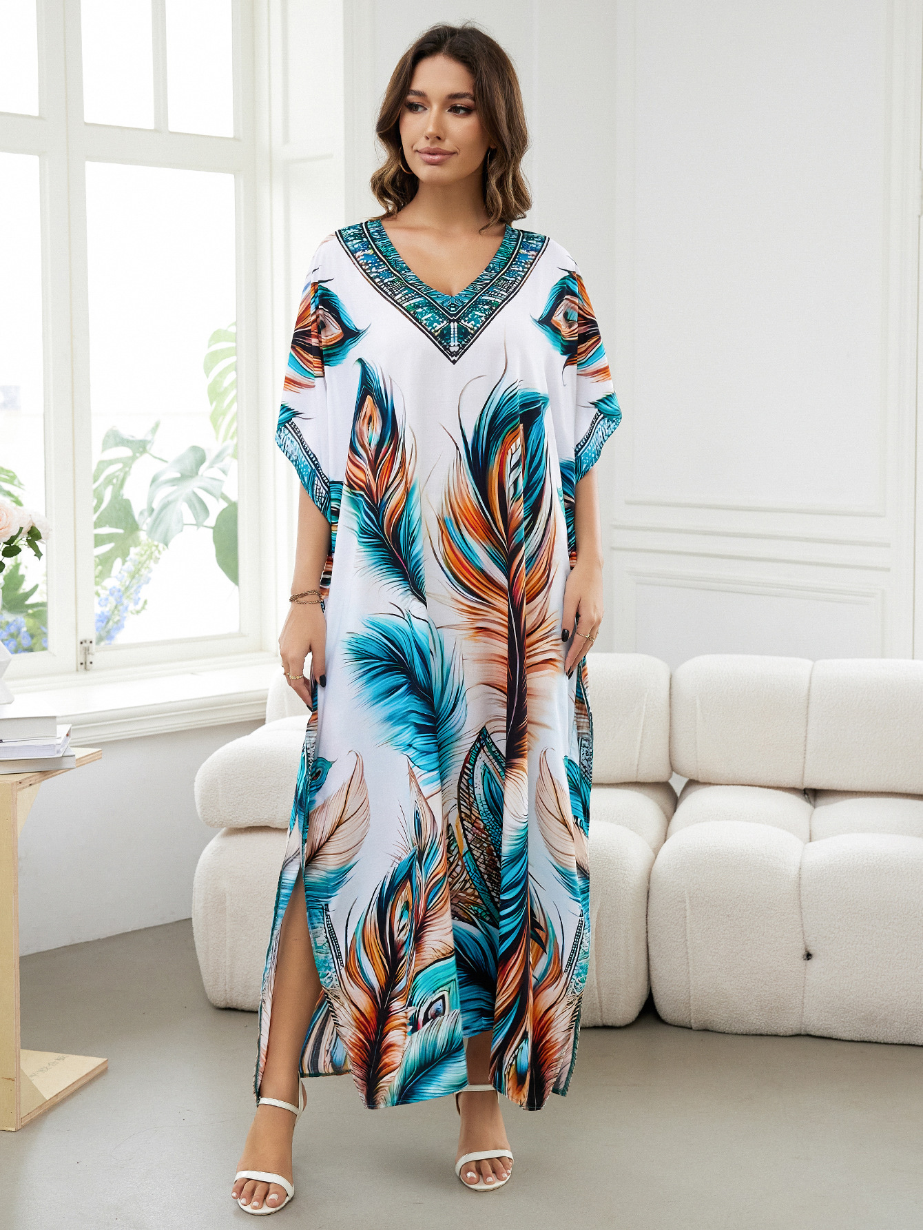 Rochie de plajă lungă kimono dama boho viscoză tie-dye_voghion.com