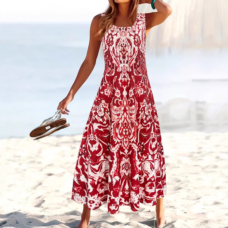 Cross-Border European and American Style Hawaiian Beach Dress with 3D Print, Loose and Sexy Spaghetti Strap Vacation Summer Women's Long Dress Cross-Border European and American Style Hawaiian Beach Dress with 3D Print, Loose and Sexy Spaghetti Strap Vacation Summer Women's Long Dress