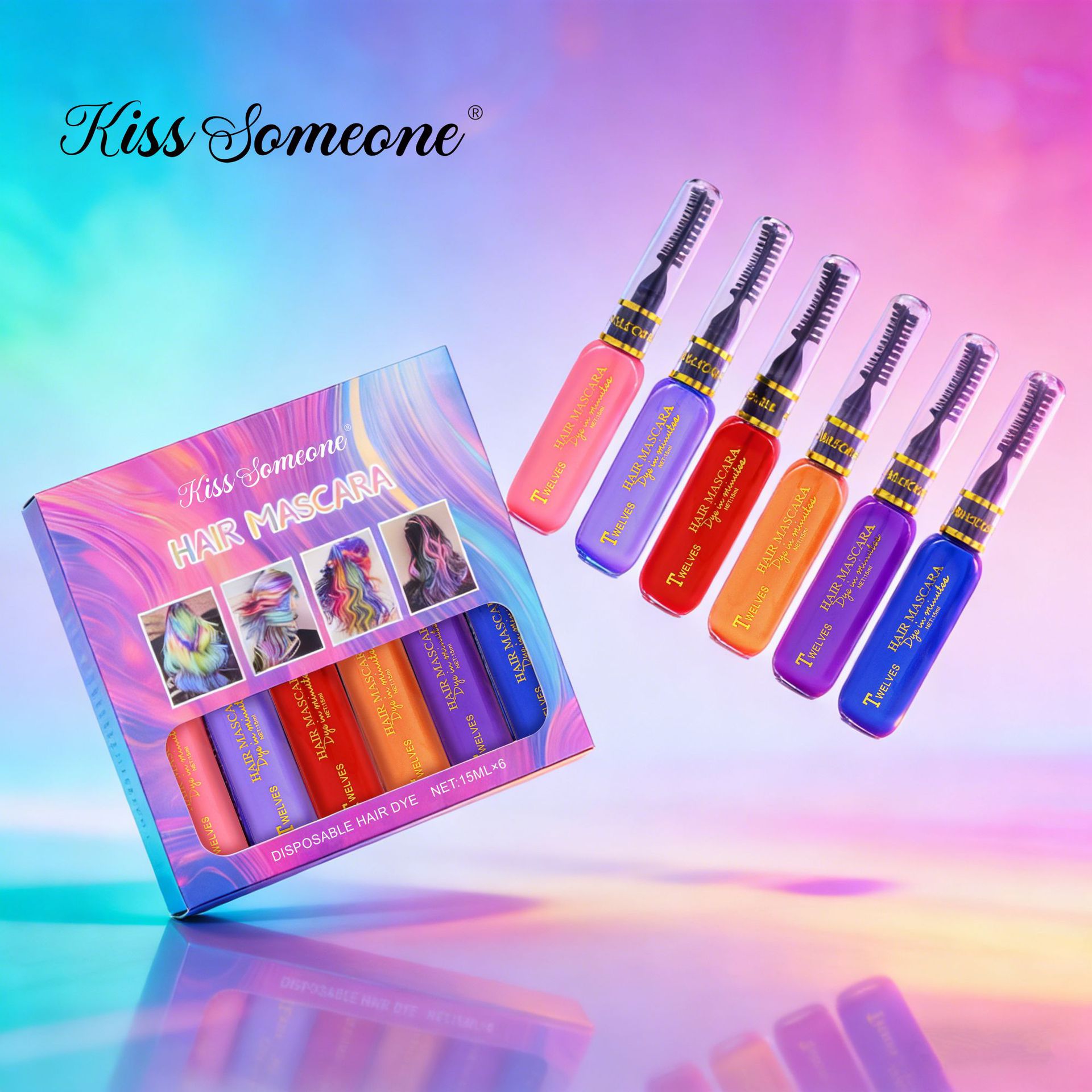 Cross-Border 6-Piece Set Box Disposable Hair Dye White and Dark Blue Dye Cream Color Highlights Dual-Use Color Mascara