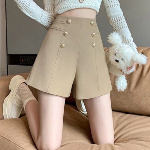 Double-breasted black high-waisted slim-fitting 2025 summer suit shorts for outerwear, stylish and slimming casual pants