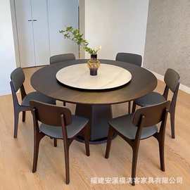 北欧实木圆桌简约创意圆形家用饭桌带转盘岩板圆餐桌饭店大圆桌子