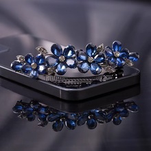优雅高档奢华弹簧夹蓝色水晶镂空花朵发夹大号夹子发饰盘发马尾夹