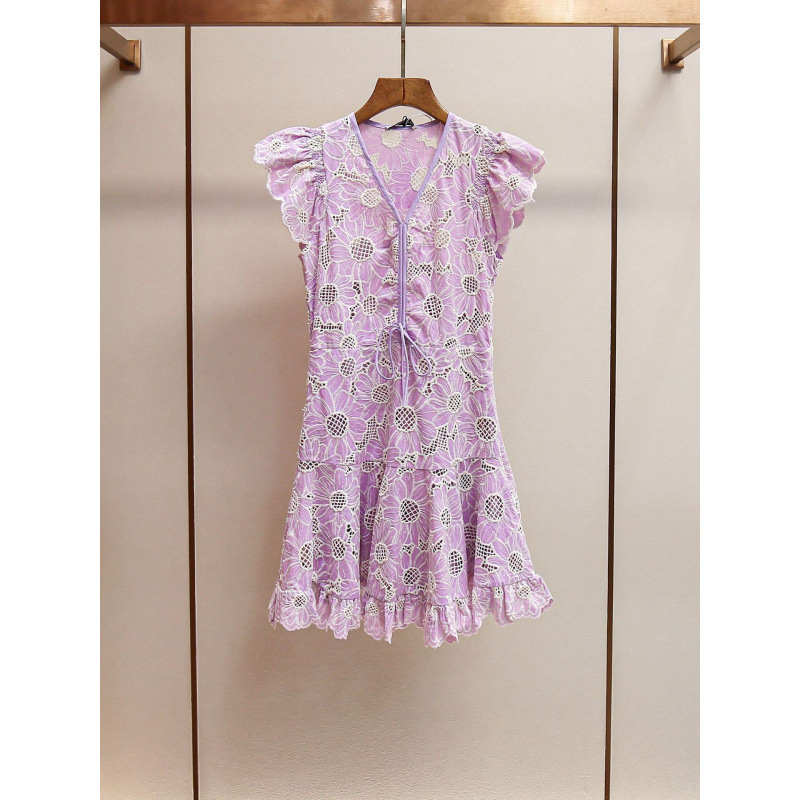 French-Style 25 New Women's Fashion Dress with Stylish Flutter Sleeves, Chanel-Style Collar, Short Water-Soluble Lace Daisy Dress