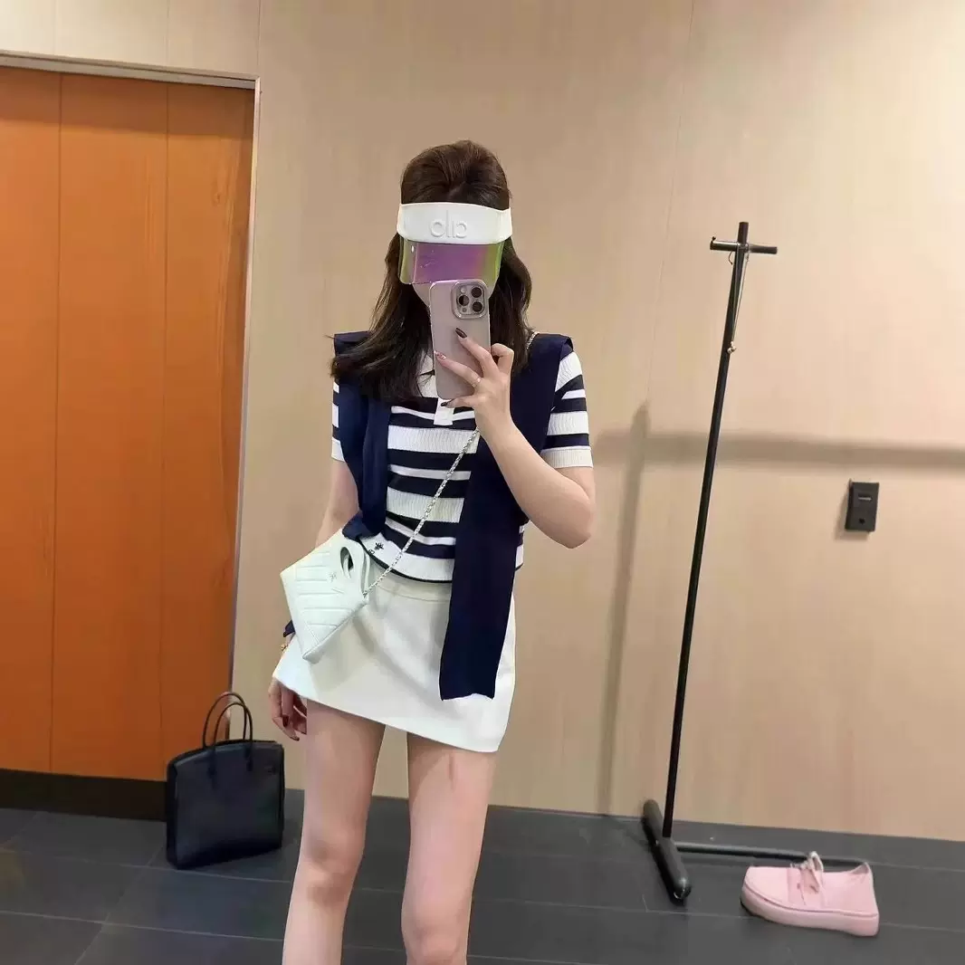学院风可拆卸披肩短袖针织衫女205夏季新款条纹Polo领上衣两件套
