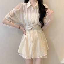 大码温柔风雪纺短袖衬衫短裤两件套女夏胖mm遮肉显瘦气质套装衬衣