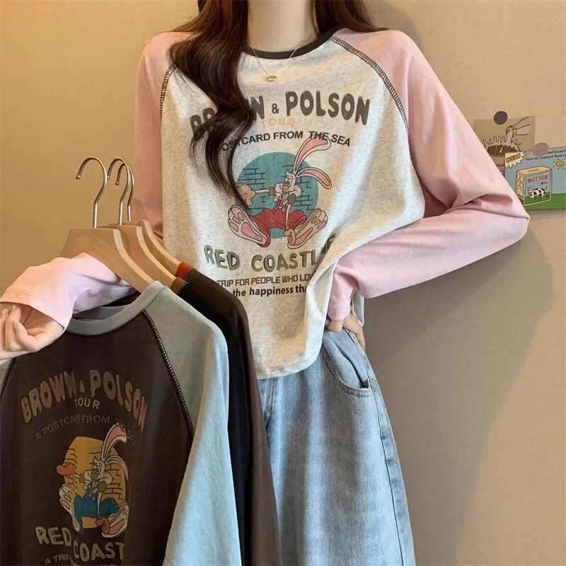 American Retro Raglan Long Sleeve Women's Early Autumn 2025 New Design Sense Niche Printed Loose T-Shirt Casual Top American Retro Raglan Long Sleeve Women's Early Autumn 2025 New Design Sense Niche Printed Loose T-Shirt Casual Top