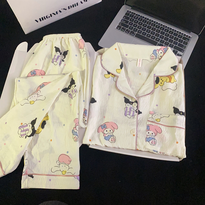 扎染条纹云朵纯棉纱睡衣女春秋季长袖简约可外穿开衫家居服夏套装|undefined