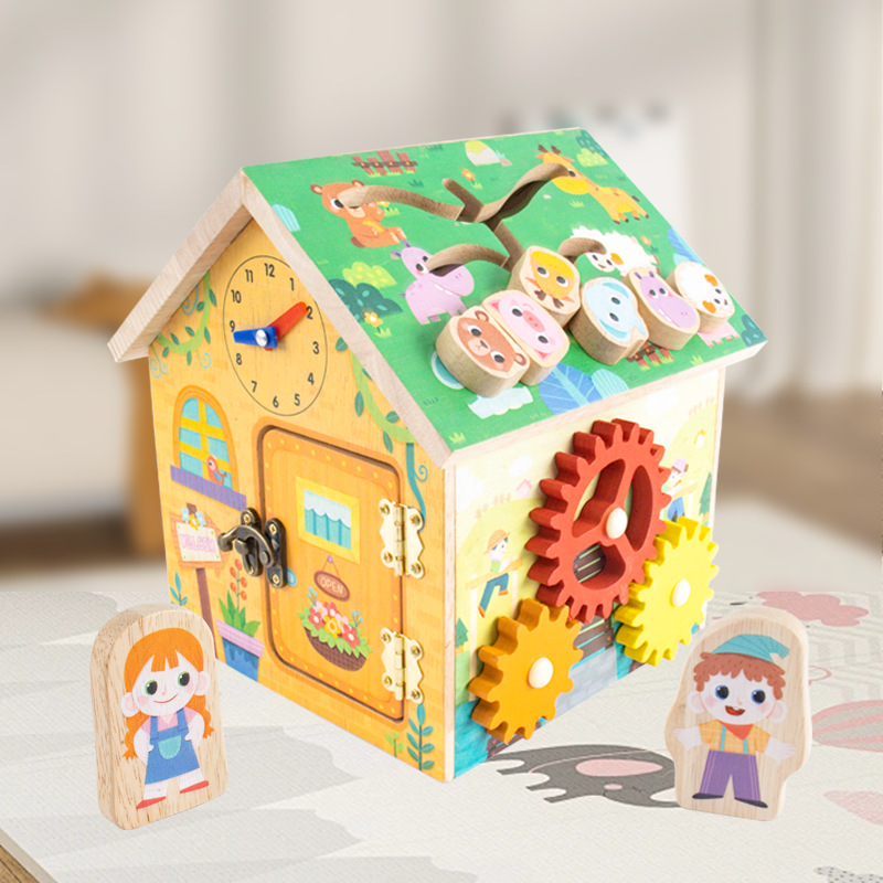 Madera Montessori Busy House Educación temprana para niños, caja ocupada, desbloqueo, vestirse, tocar el piano, juguetes de entrenamiento de concentración