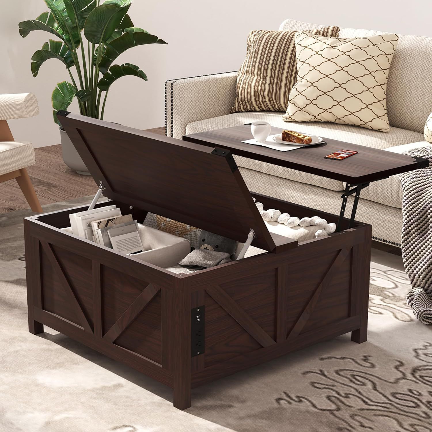 End table with storage and large hidden storage with charging…