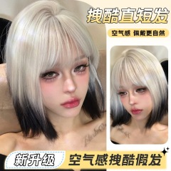 速売通クロスボーダー欧米のかつら女性の短いストレート髪白黒グラデーションbobo頭化繊ショートヘアのメーカー卸売り